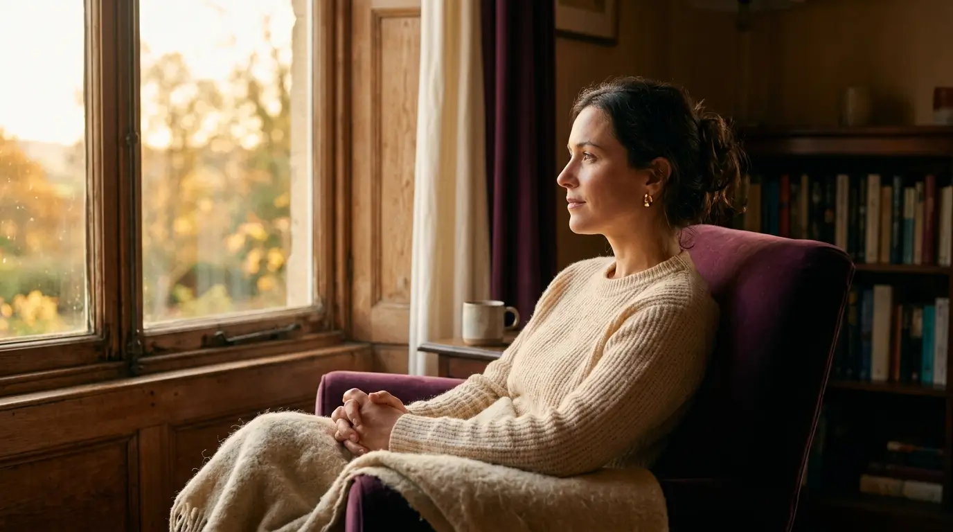 A calm, self-assured woman by a window — the energy that keeps an Aries man coming back