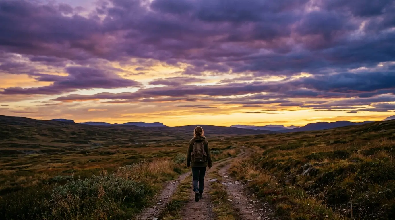 A lone figure walking toward an open horizon at dusk, symbolizing the Aquarius man's deep need for emotional freedom and independence