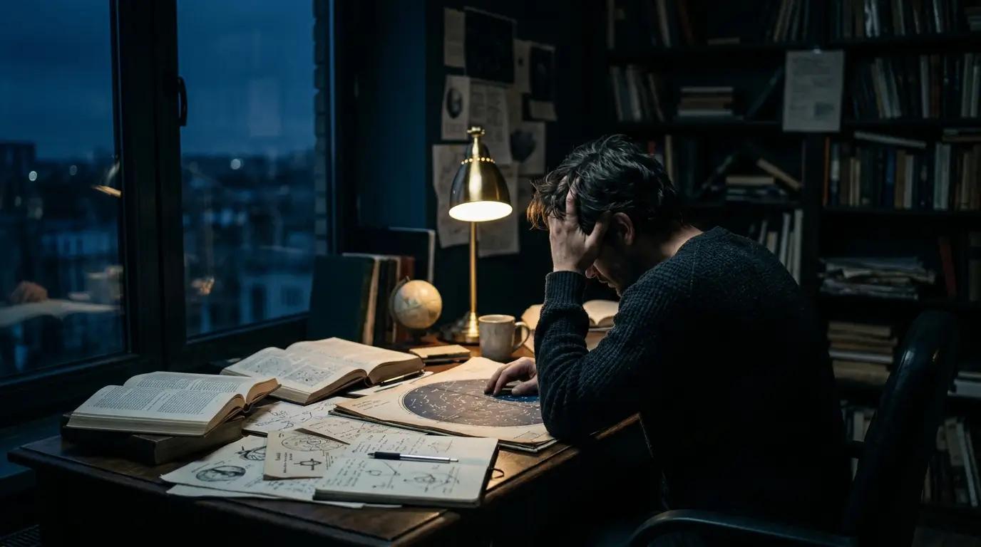 A thoughtful man sitting alone in dim blue light, representing how Aquarius men mentally detach even when physically present