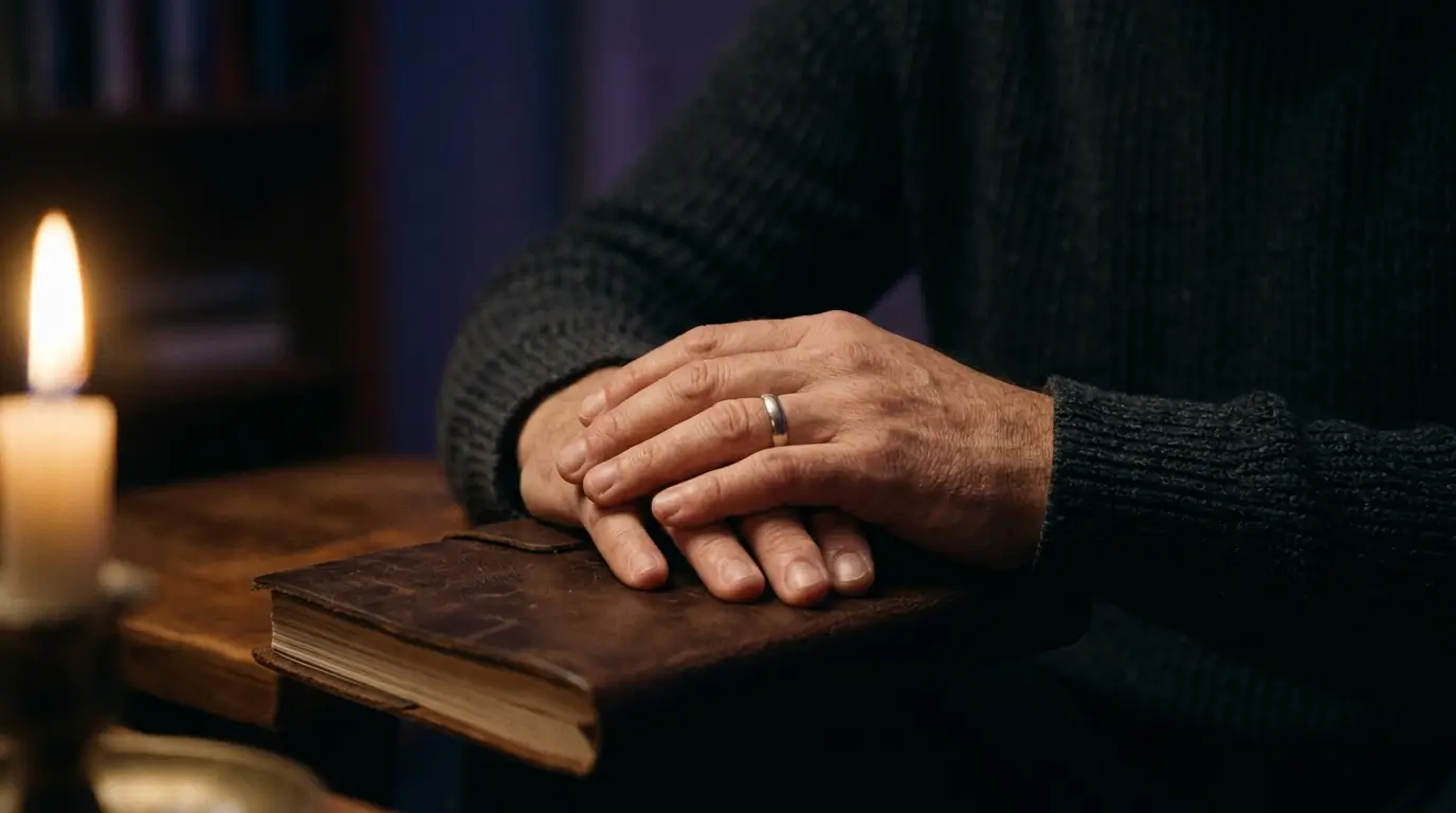 Man's hands holding a journal in candlelight, emotional and introspective mood, astrology