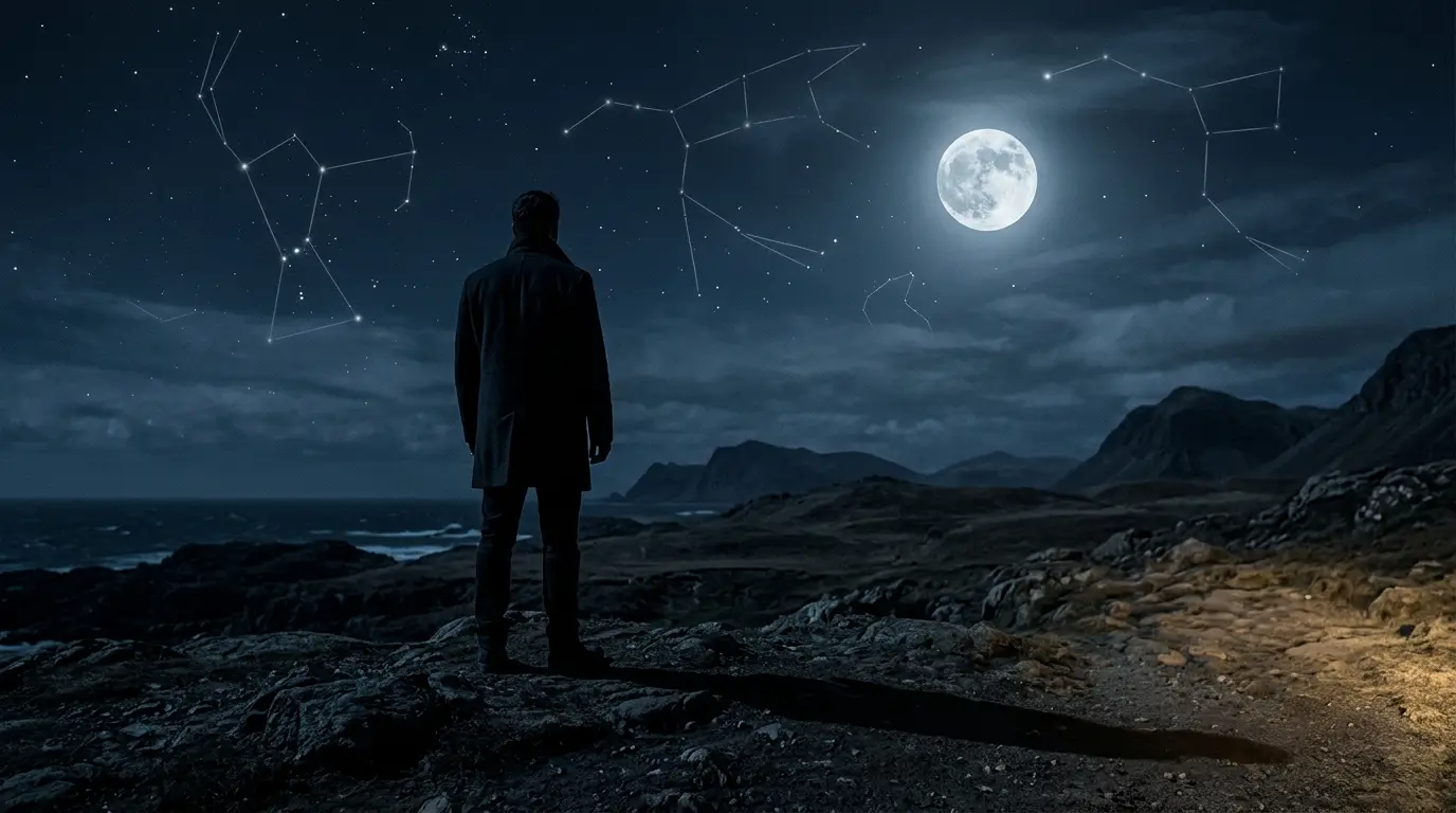Silhouette of a man standing alone at night, representing the emotional distance of a Capricorn man in love