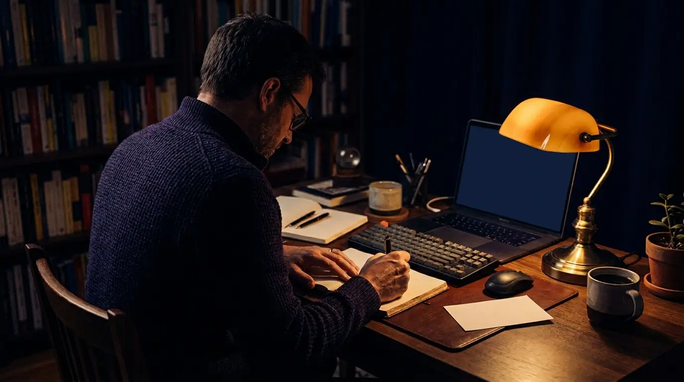 A man working late at night with a handwritten note nearby, representing how Capricorn men express love through dedication and acts of service