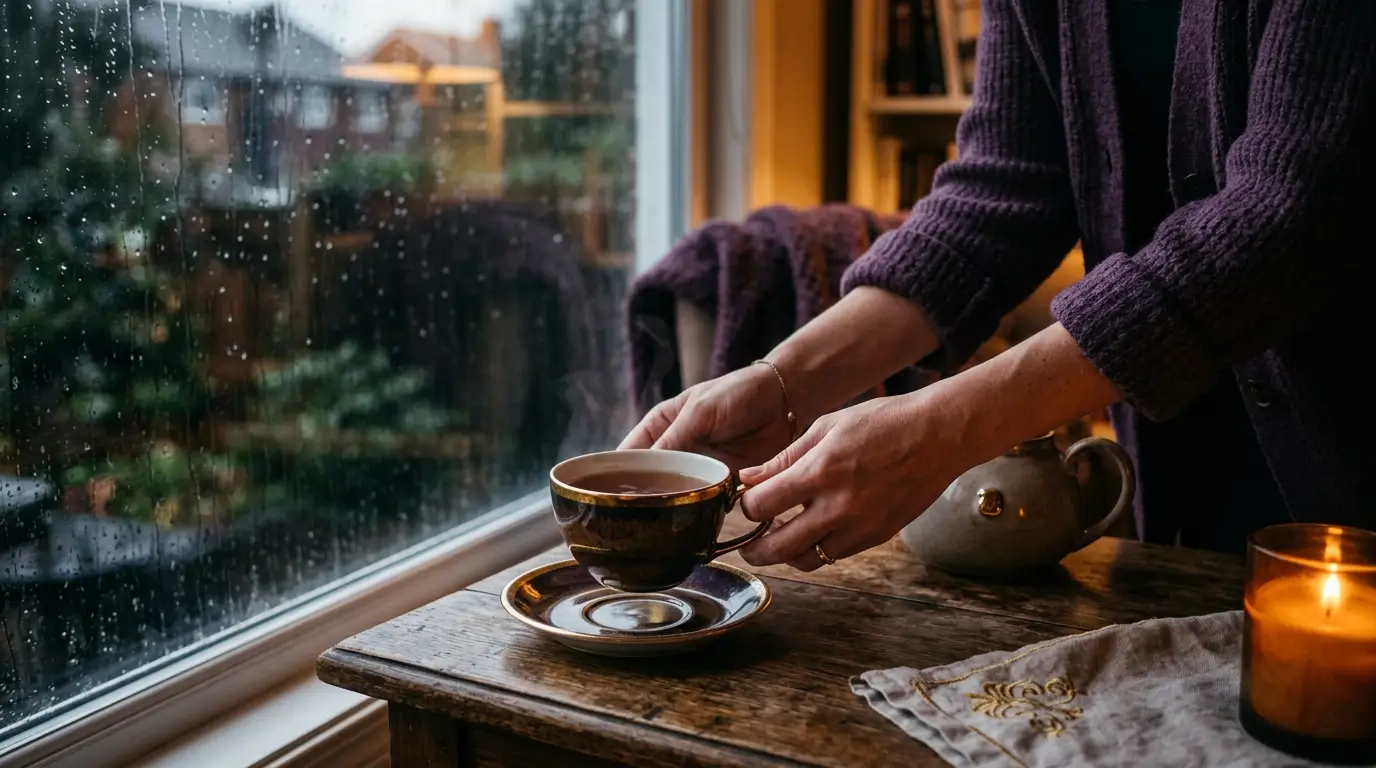 Woman's hands placing tea by a rainy window, warm amber light, tender emotional atmosphere