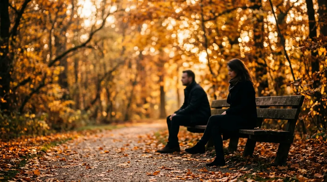 A couple sitting apart on a bench with emotional distance between them — Sagittarius man and commitment