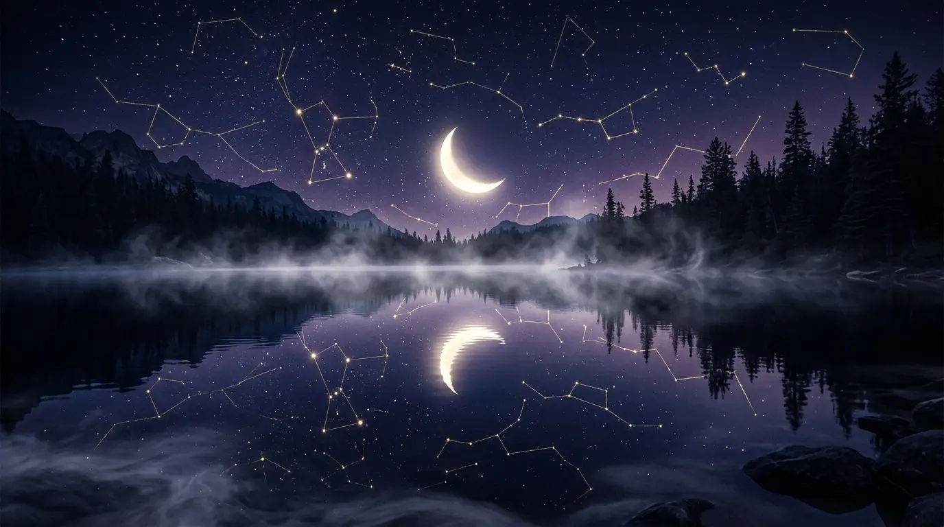 Glowing crescent moon reflected in dark water with constellation lines, Cancer astrology cosmic