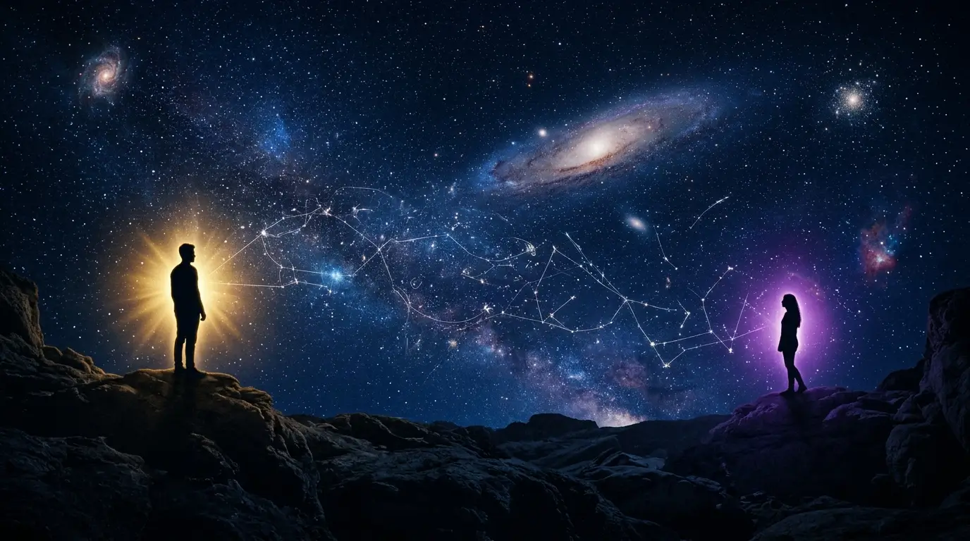 Two silhouettes separated by space with constellation lines between them, cosmic dark blue backdrop