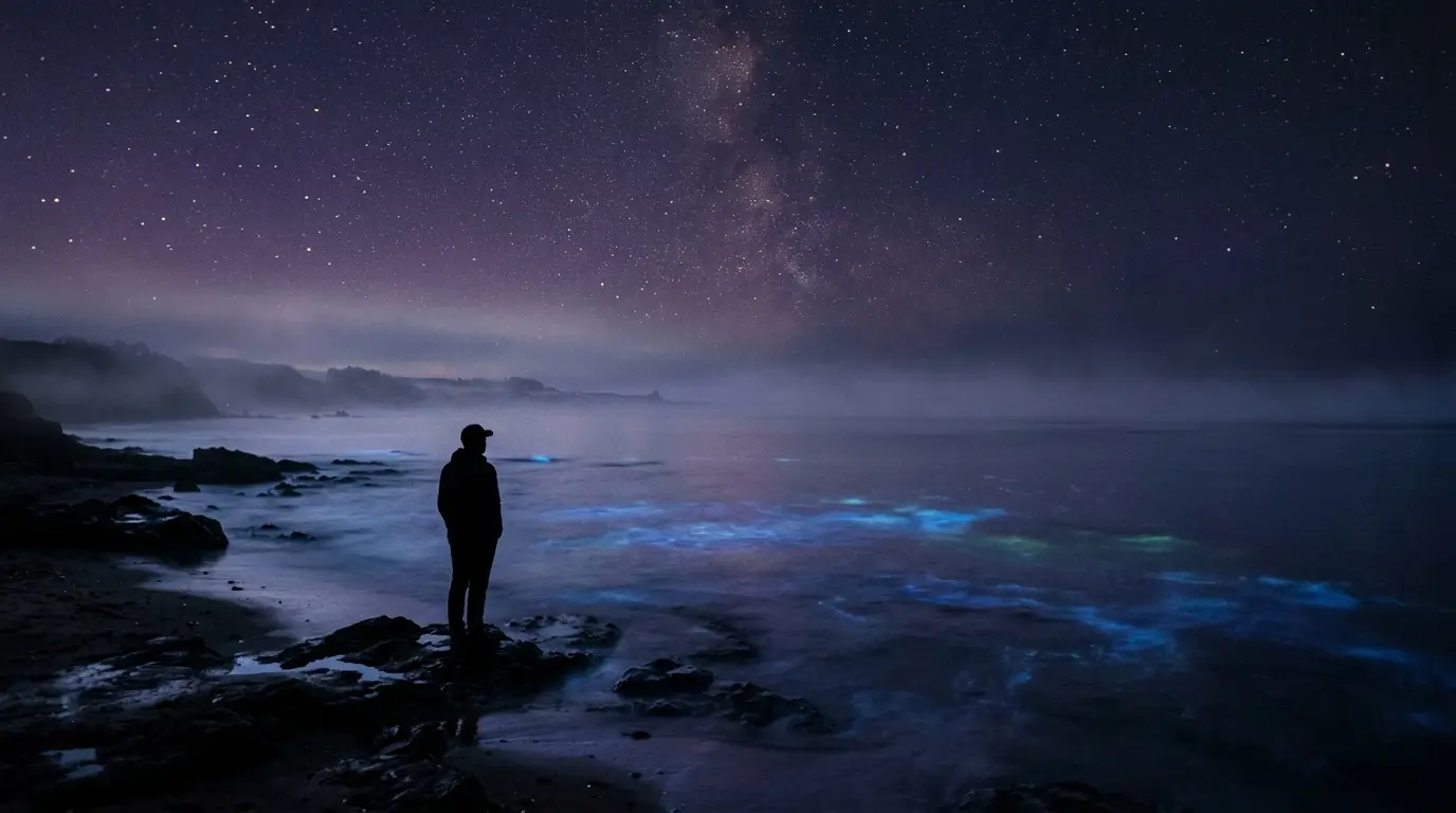 A lone silhouette standing at the edge of a dark ocean at night, representing the emotional depth and avoidance of a Pisces man