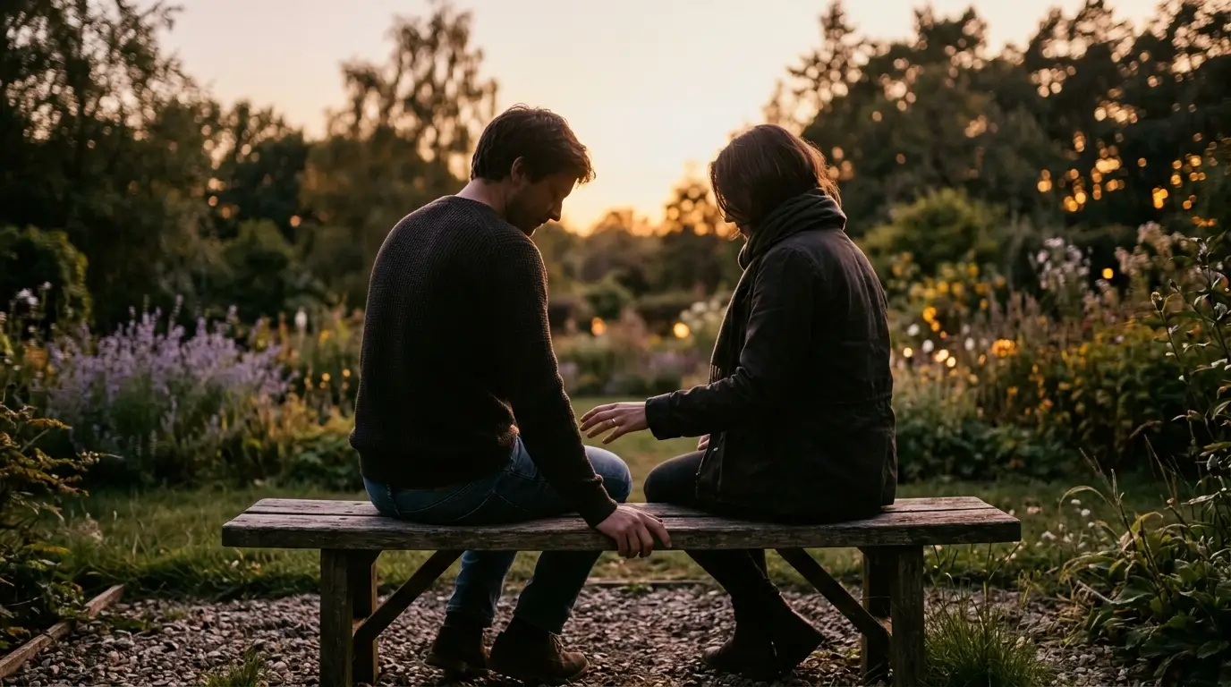 Two people sharing a quiet tender moment at dusk, representing the emotional openness a Pisces man seeks in a safe relationship