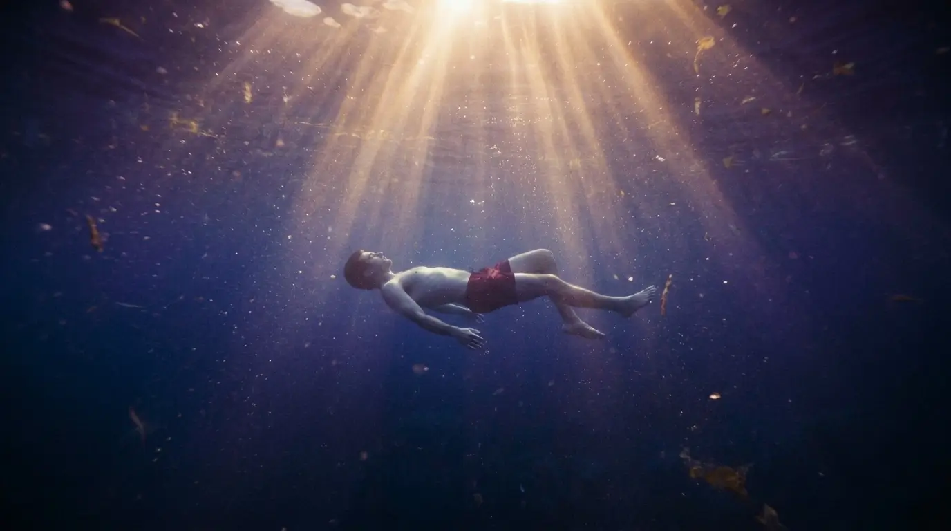 Abstract underwater scene with soft golden light and a faint silhouette, symbolizing the deep emotional world of a Pisces man