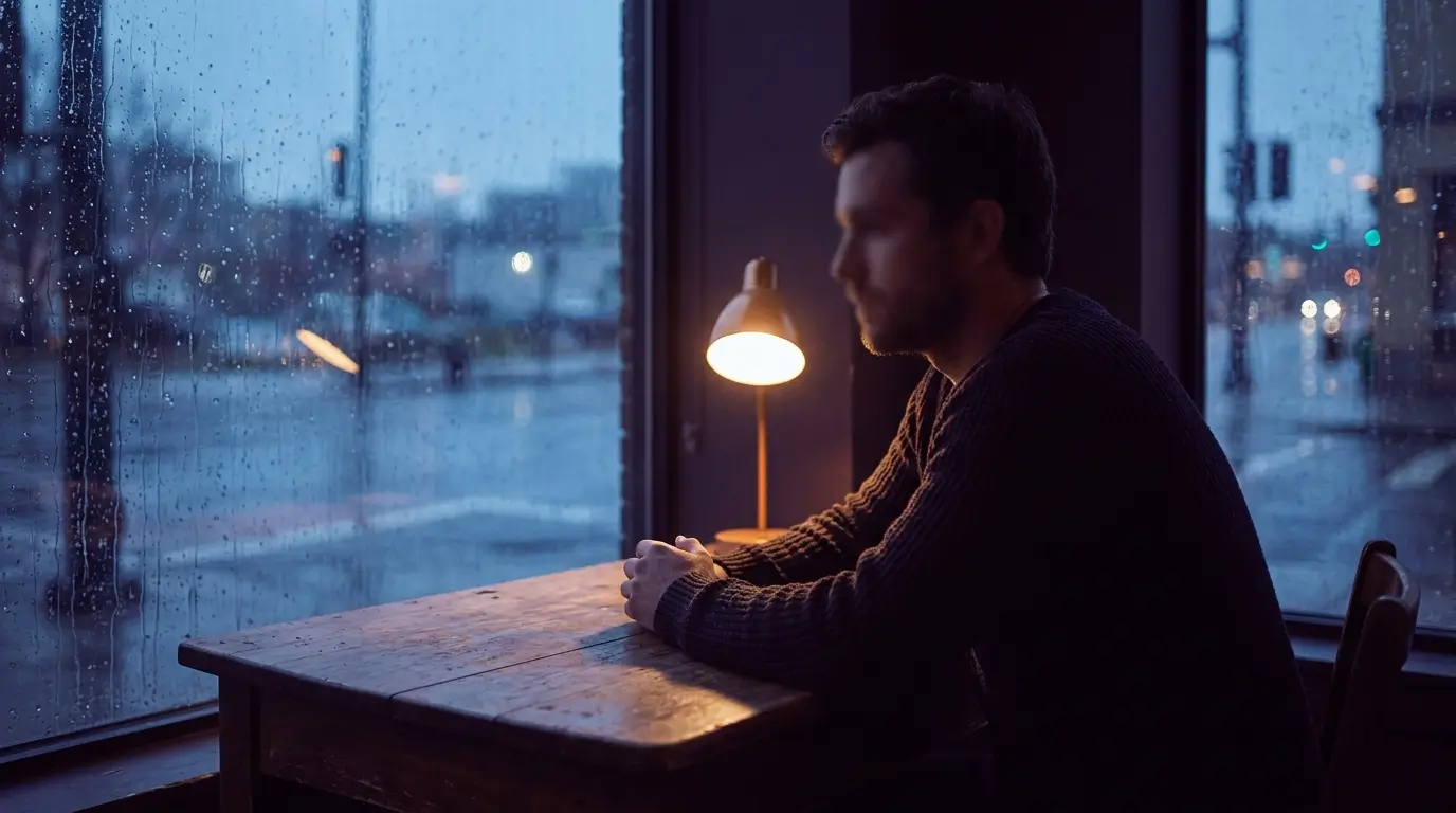 A man sitting alone by a rain-streaked window, reflecting the emotional sensitivity and inner world of a Pisces man