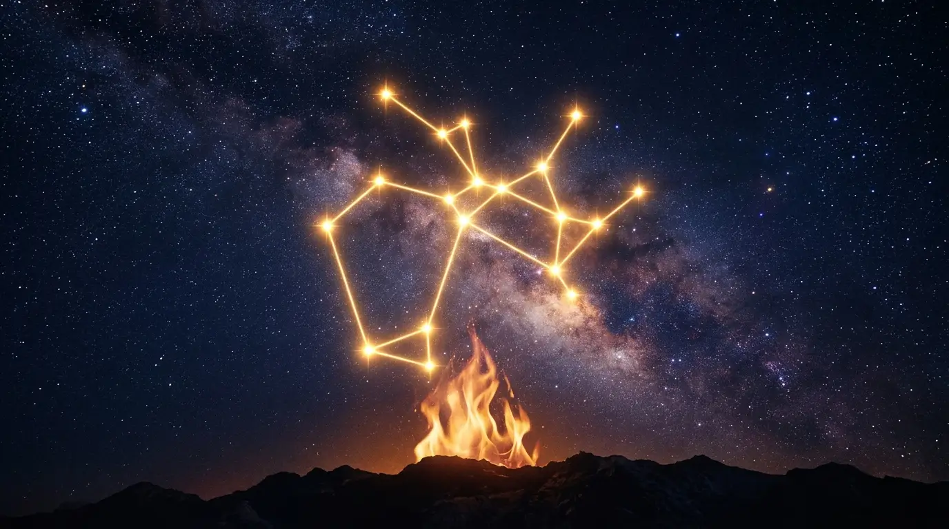 Sagittarius archer constellation glowing in a dark purple sky with warm fire tones below