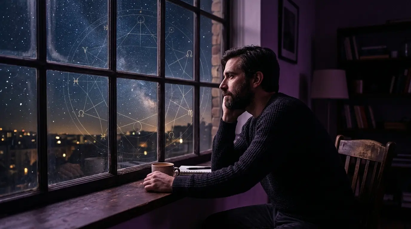 Thoughtful man alone at night window with constellation overlay, cinematic mood