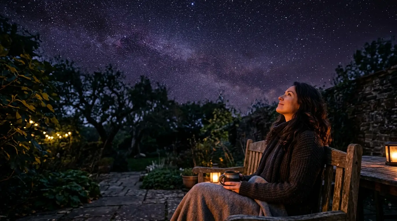 Woman gazing at a starry sky at night, soft gold light and constellation patterns, peaceful mood