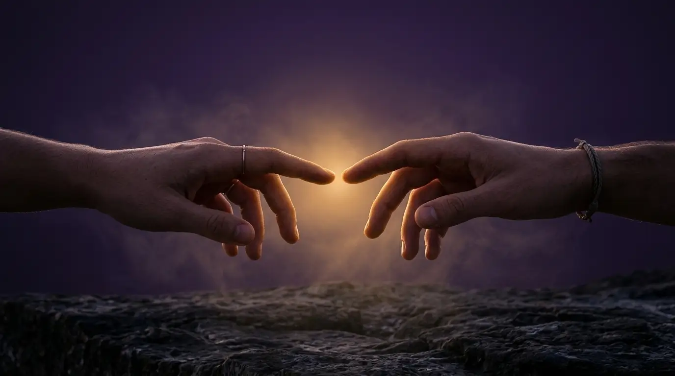Two hands reaching for each other representing a Libra man coming back after disappearing