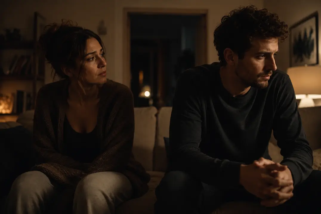 Scorpio man emotionally unavailable sitting with partner in silence