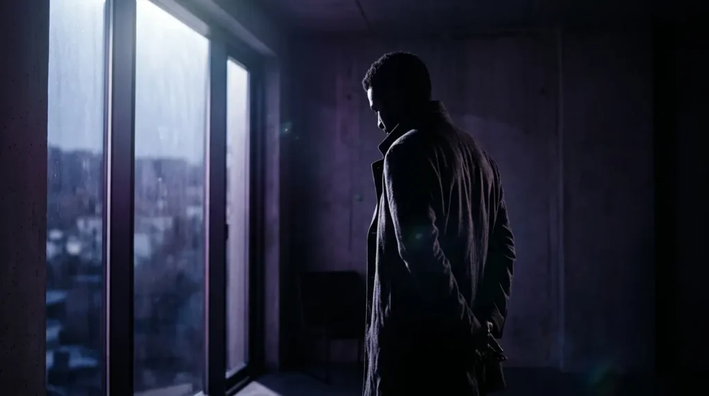Brooding male silhouette at moonlit window representing a Scorpio man processing emotions in silence