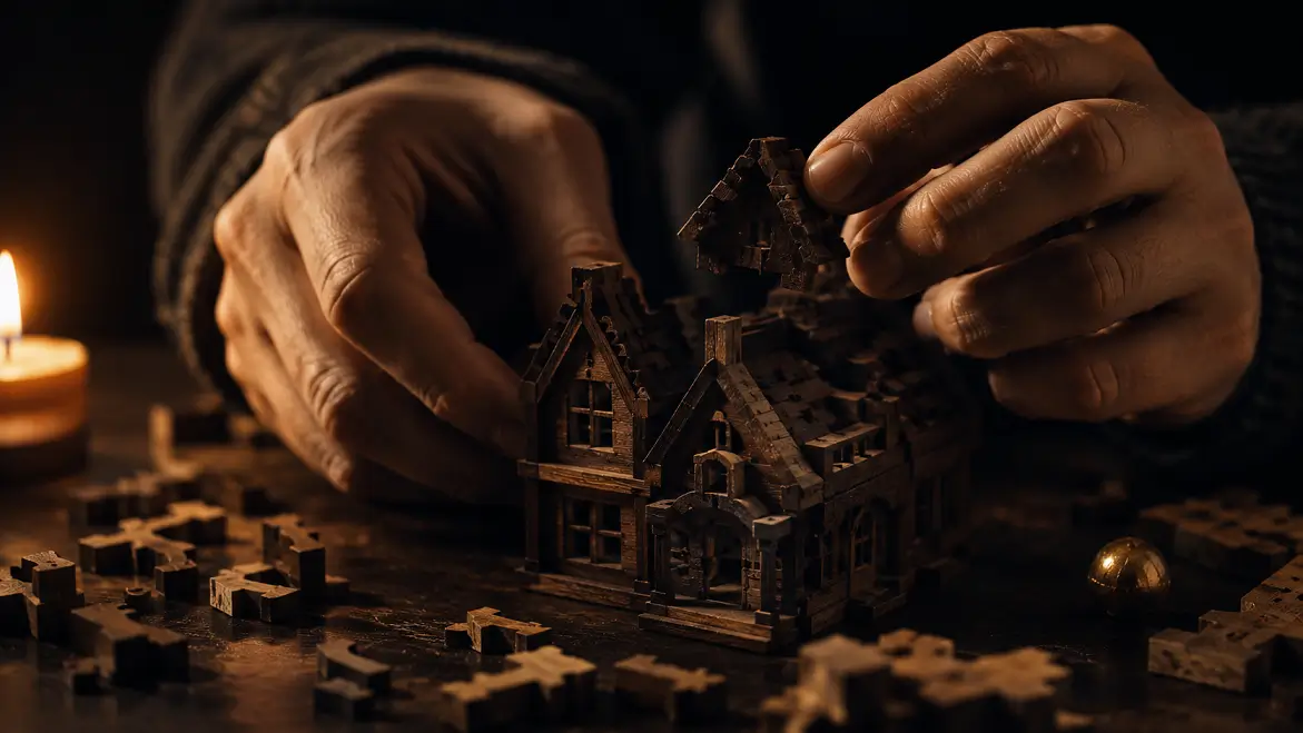 Close-up of a man's hands carefully building something, representing a Taurus man's deliberate approach to love and commitment