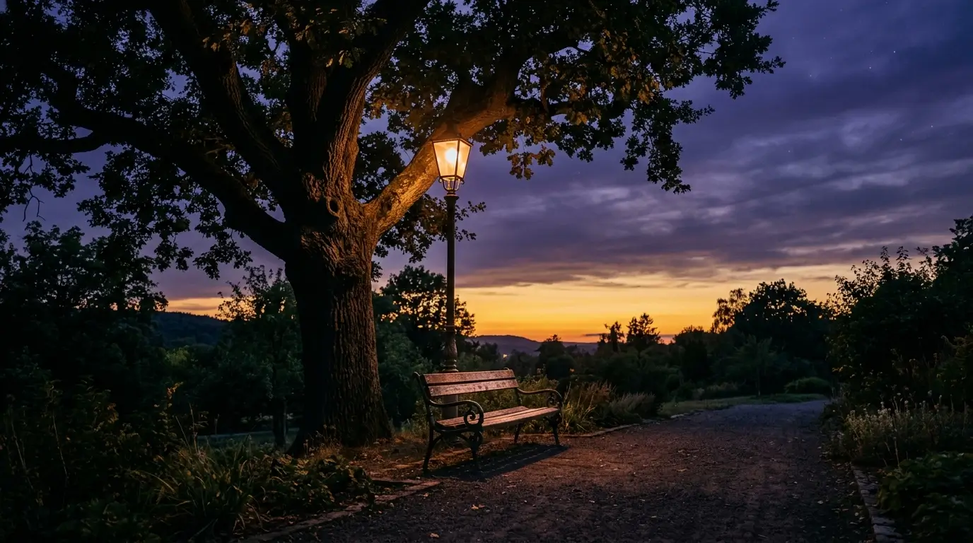 A quiet park bench at dusk, representing the inner world of a Taurus man processing his feelings before committing