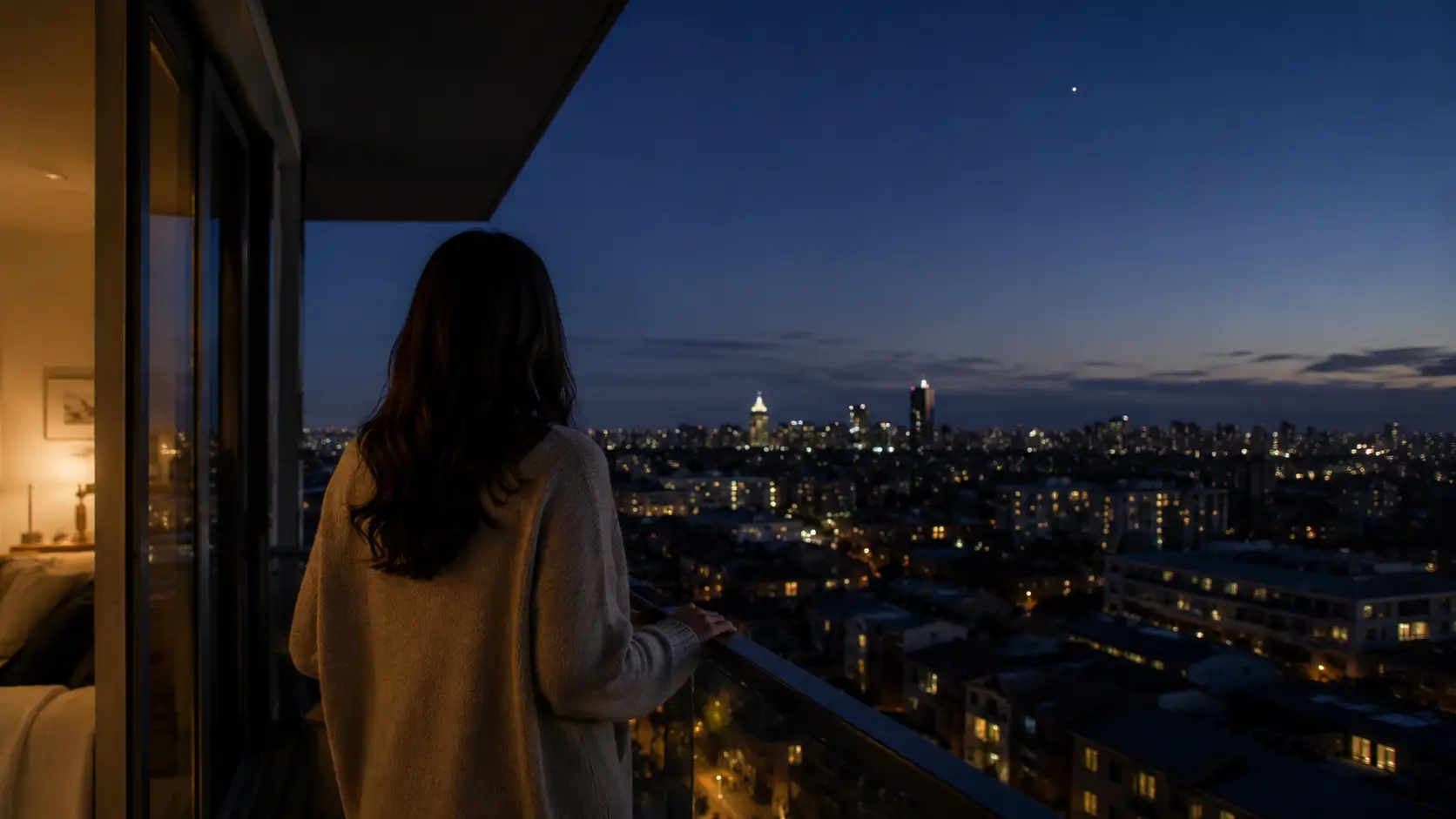 7th house astrology soulmate — woman standing on apartment balcony at dusk looking at the city, quiet anticipation