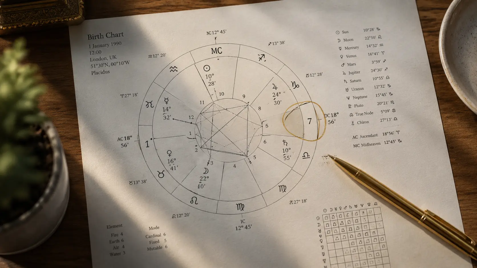 7th house ruler love — handwritten circle on the 7th house of a birth chart resting on a wooden table in warm light