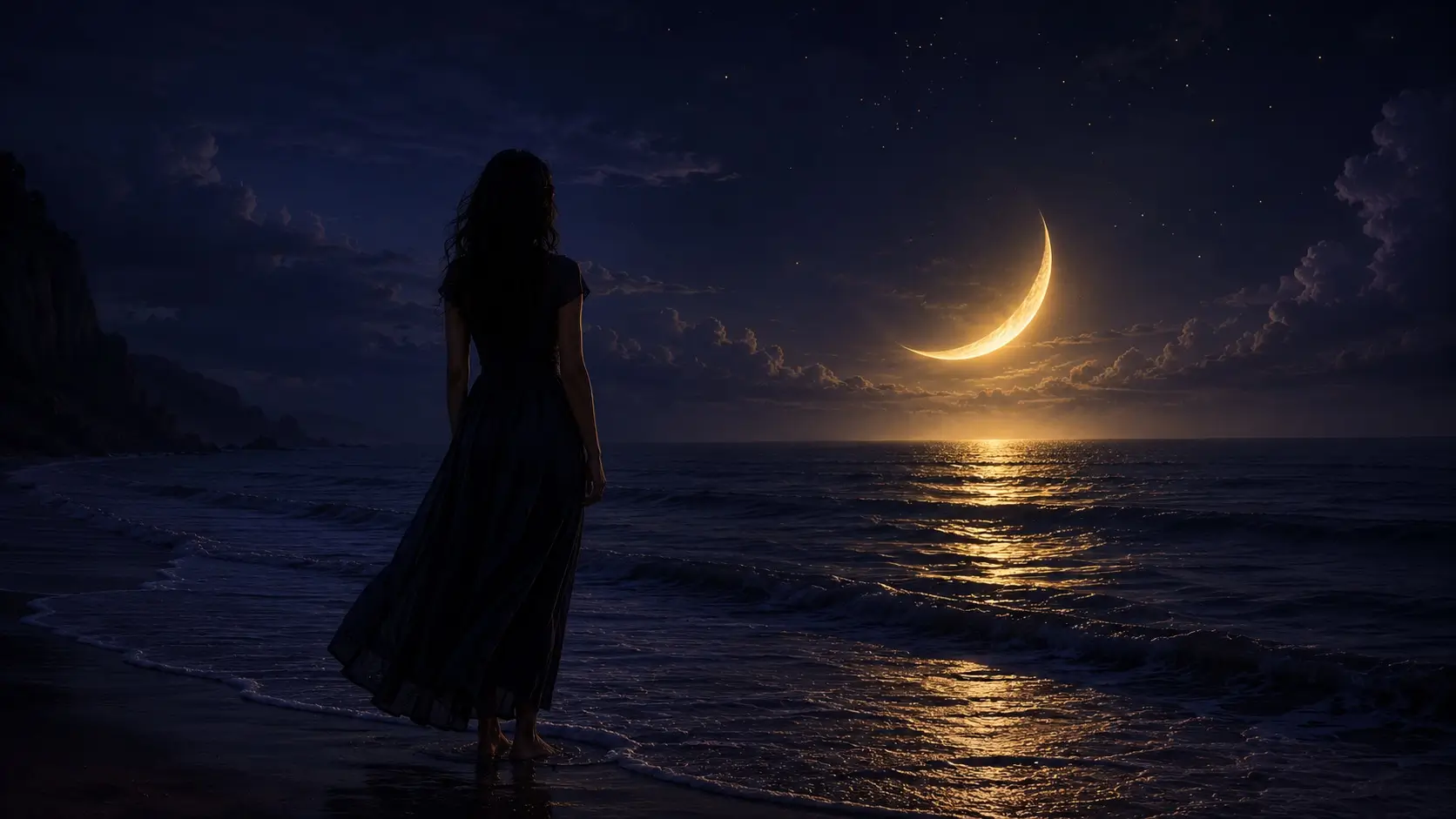 Sagittarius cancer compatibility — woman silhouette standing alone at the ocean's edge under a golden crescent moon