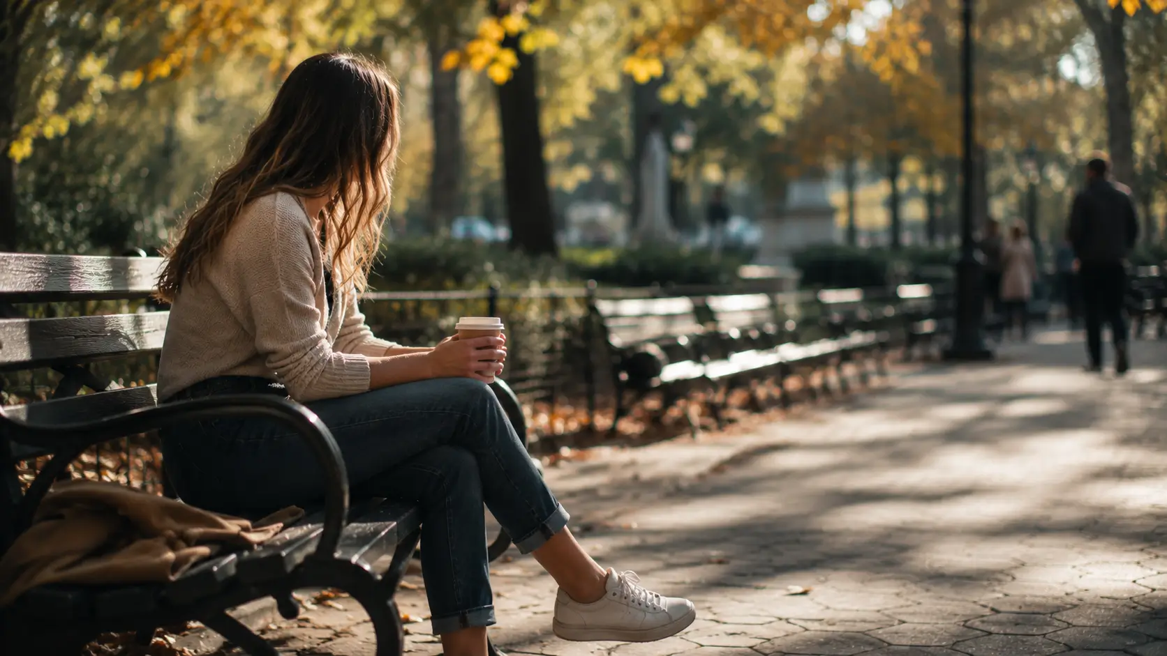 Am i compatible with my partner astrology — a woman sitting alone on a park bench in a city park, holding a coffee cup with both hands, looking down at the ground in quiet thought. Autumn light filtering through the trees. Shot from the side, face not visible. Contemporary urban park setting. Editorial quality, horizontal 16:9