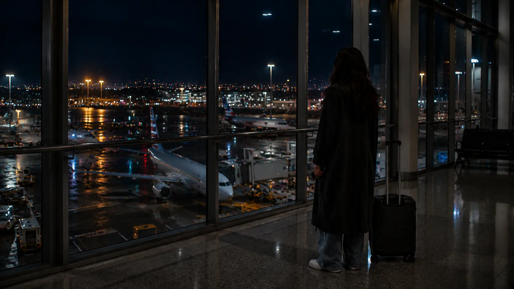 Aquarius man keeps coming back scorpio — woman standing alone in a modern airport terminal at night, looking forward with quiet certainty