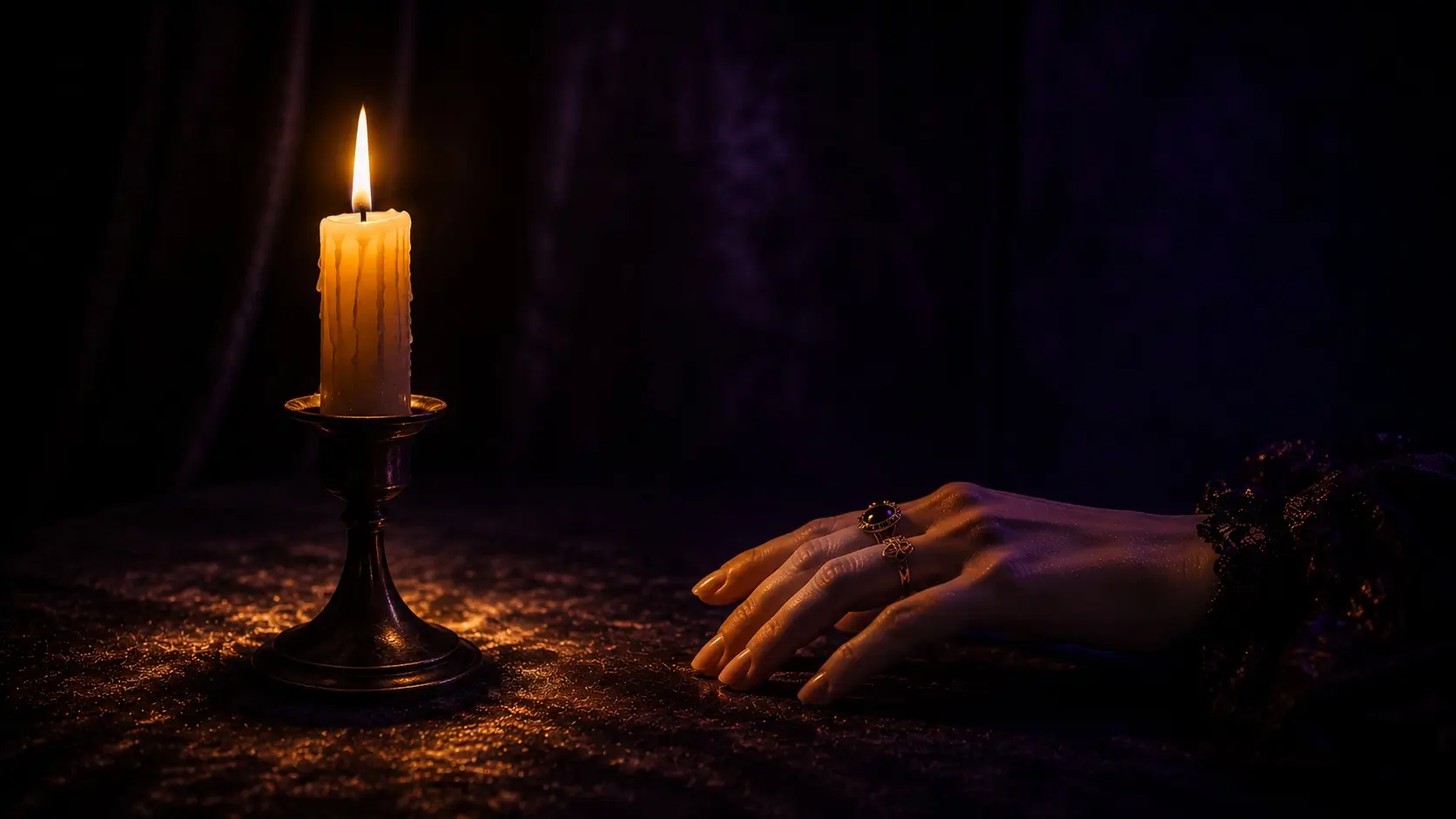 Aquarius man leo woman — a feminine hand reaching toward the warm glow of a single candle in a dark room, suggesting longing and choice