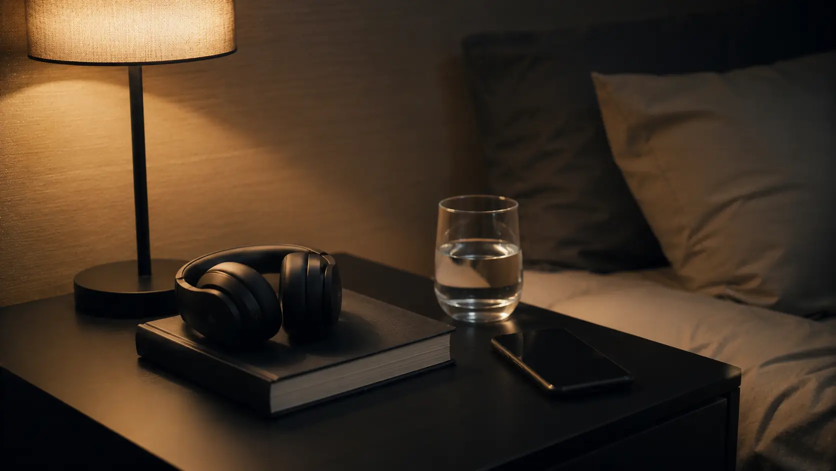 Aquarius man scorpio woman attraction — wireless headphones on a closed book beside a phone face-down, the aesthetic of chosen emotional distance