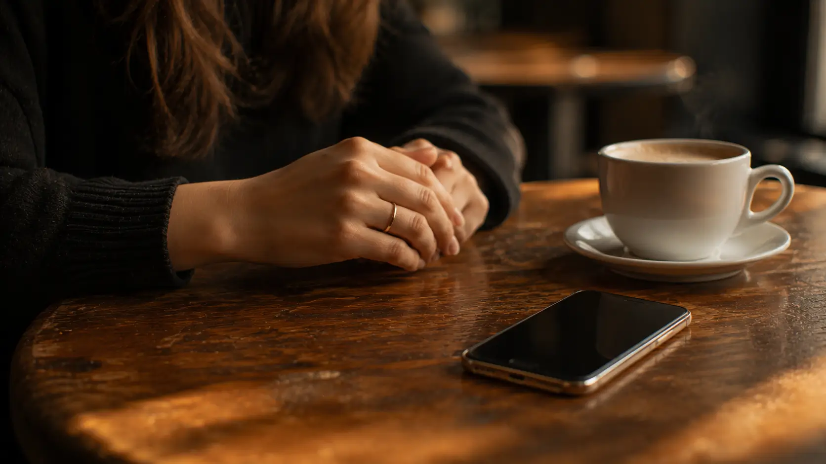 are we compatible astrology — close-up of a woman's hands on a café table, phone face-up nearby, coffee cup untouched, suggesting she is waiting or deciding