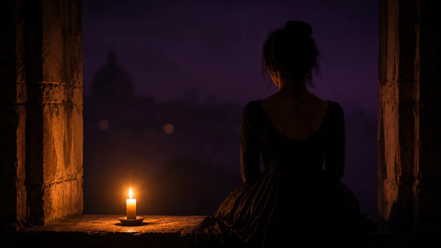 Aries and scorpio relationship — woman silhouette sitting alone in candlelight, reflective mood against deep purple background