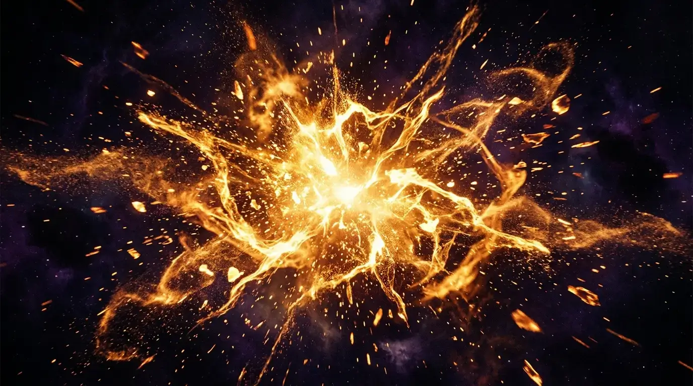 Abstract golden fire energy and cosmic particles representing the intense, explosive nature of the Aries fire sign in relationships