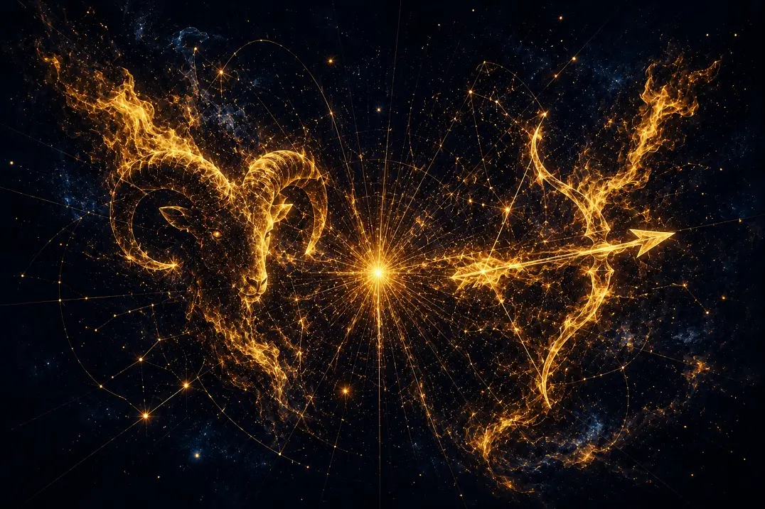 Abstract golden flames and constellation symbols for Aries and Sagittarius on dark navy background