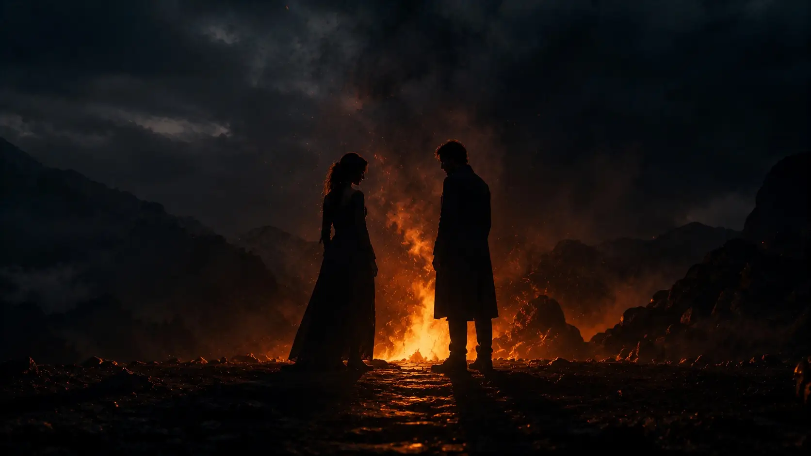 Aries scorpio compatibility — two silhouettes facing each other with fire light glowing between them in a dramatic dark landscape