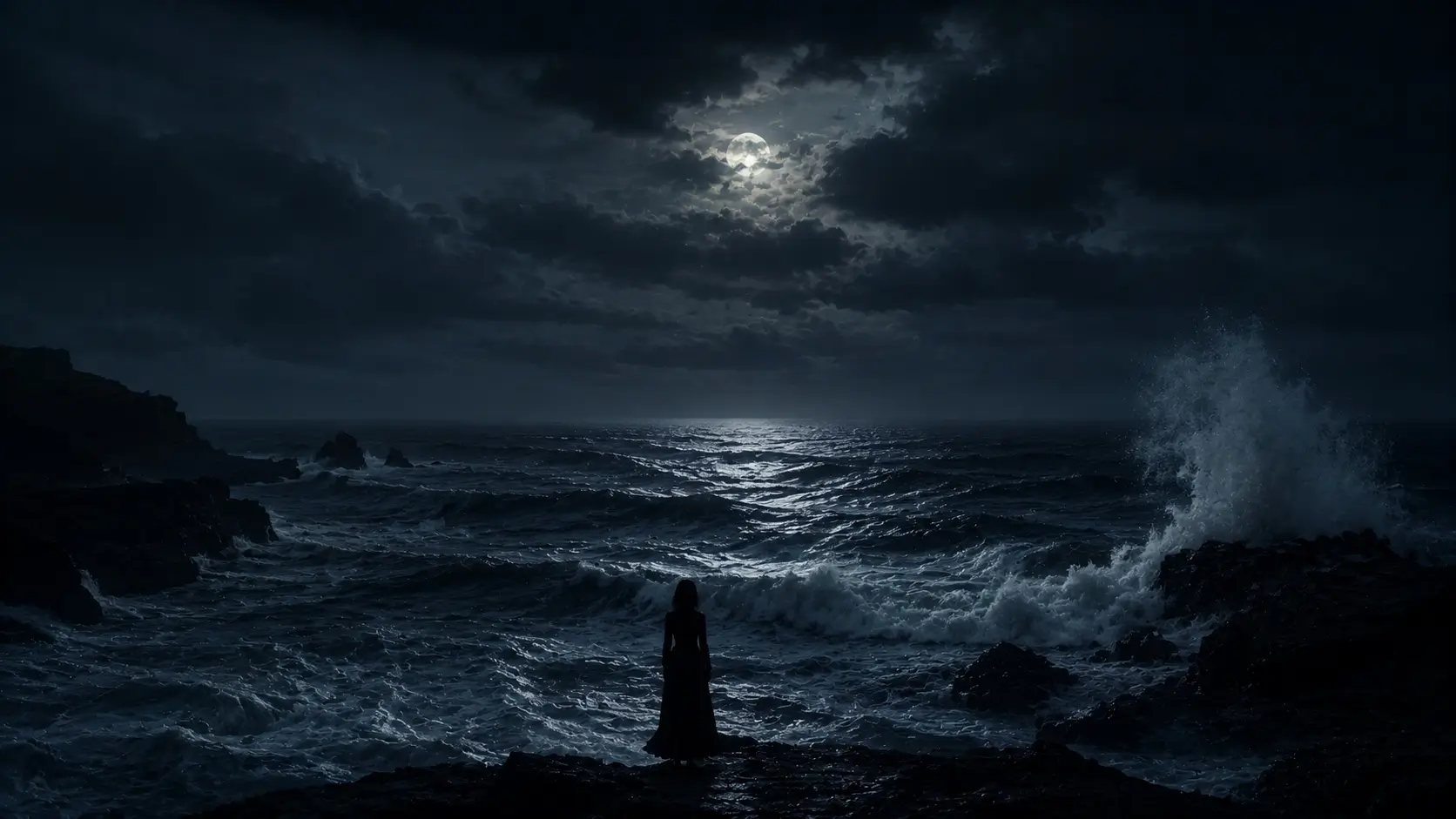 Aries scorpio couple problems — lone silhouette standing at the edge of a dark stormy ocean at night, dramatic cinematic mood