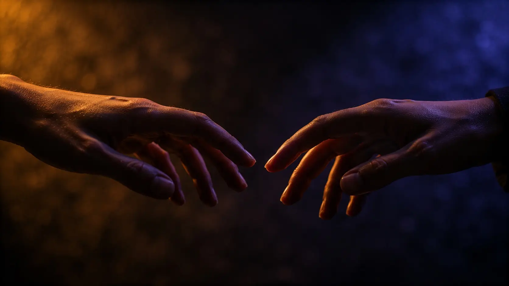 Aries scorpio love match — two hands reaching toward each other almost touching, warm gold and cool violet light, emotional tension