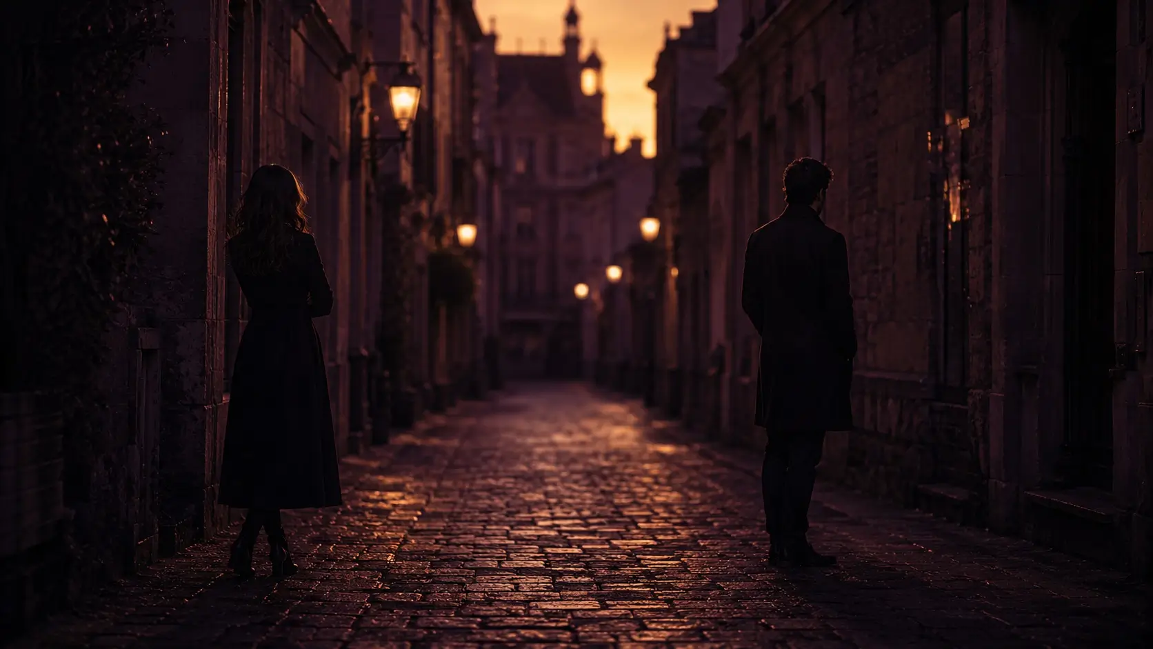 Aries virgo compatibility — a couple standing apart in a cobblestone alley at dusk, the distance between them charged with tension