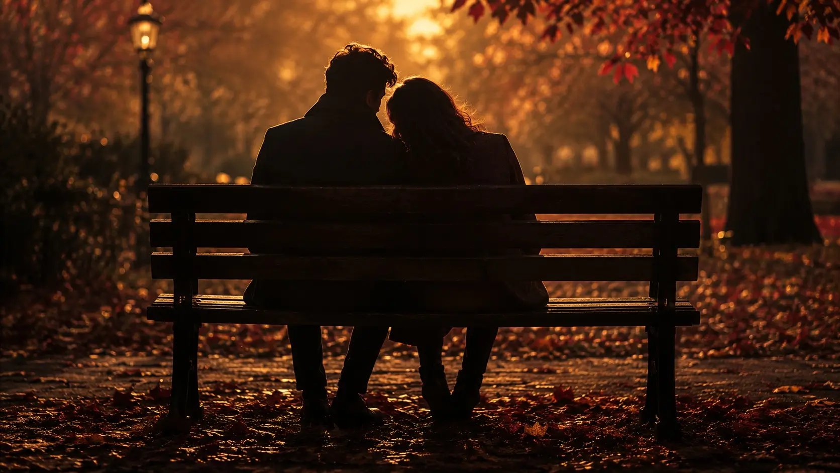 Aries virgo love match — two silhouettes sitting close on a bench in autumn, warm golden light, the mood rare and tender