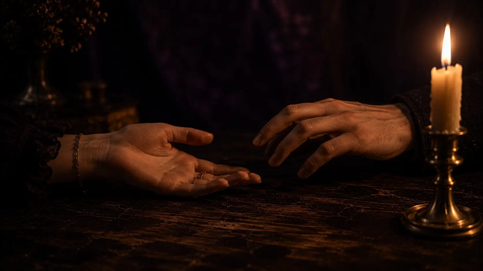 Aries and Virgo relationship — close-up of two hands almost touching on a dark table, one pulling back, candlelight casting warm shadows