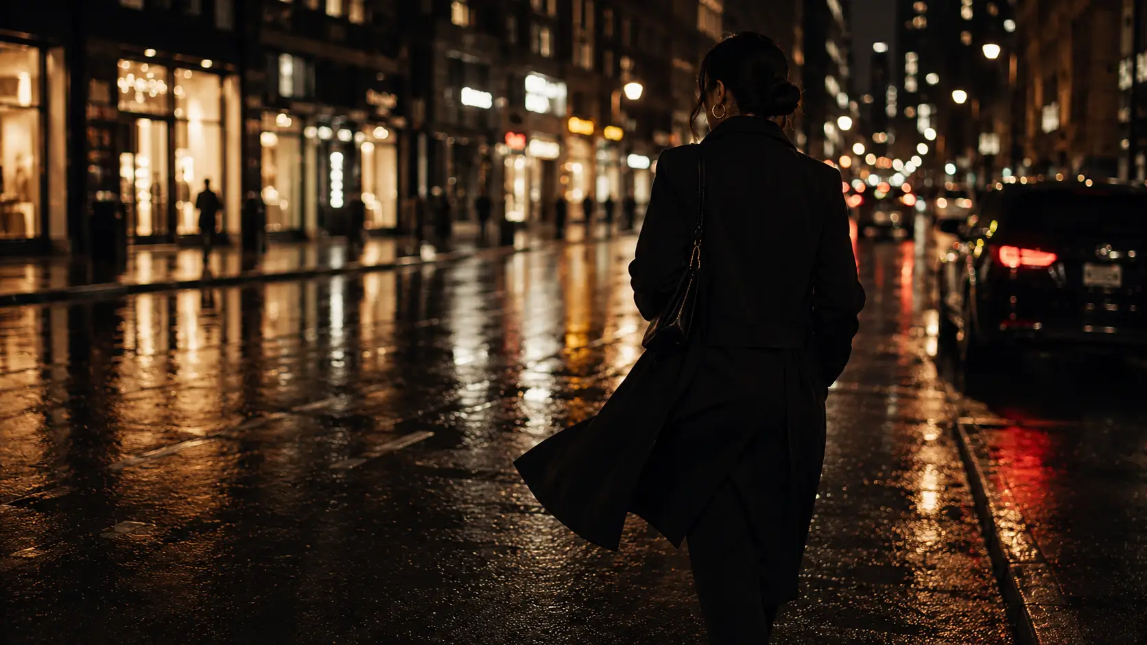 Aries woman addictive relationship — confident woman walking alone on a rain-slicked city street at night, city lights blurred behind her