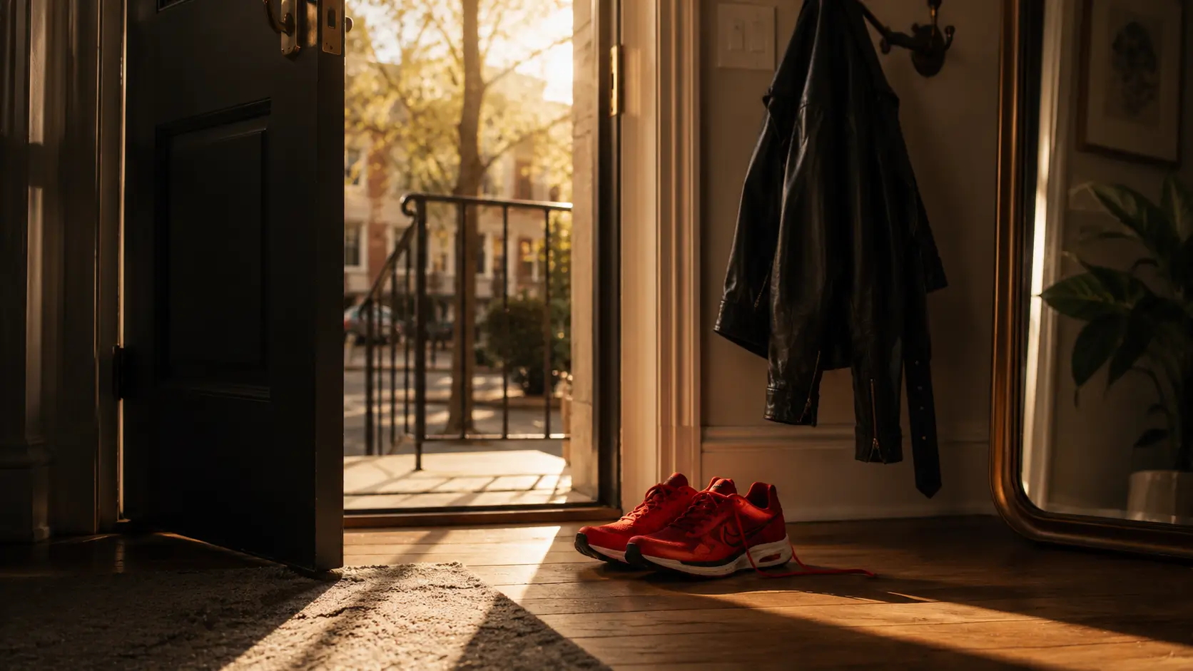 Aries woman energy men can't resist — red running shoes by an open front door, leather jacket on hook, morning light, ready to go