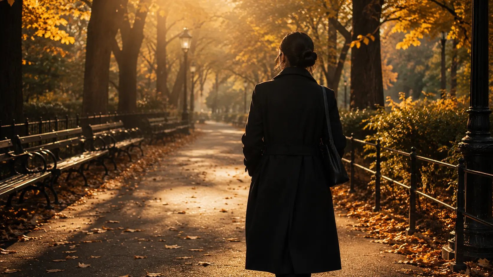 Aries woman personality love — woman walking through autumn city park, hands in pockets, moving forward with resolve