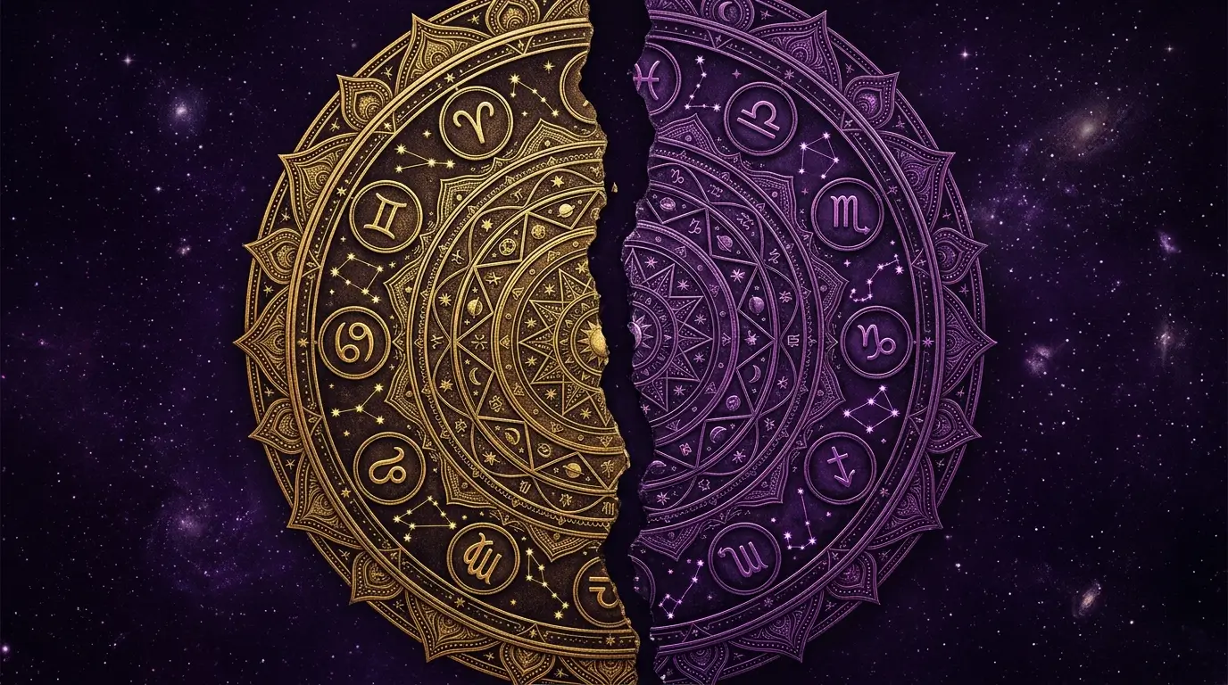 Astrological mandala split in two contrasting halves symbolizing incompatibility between zodiac signs