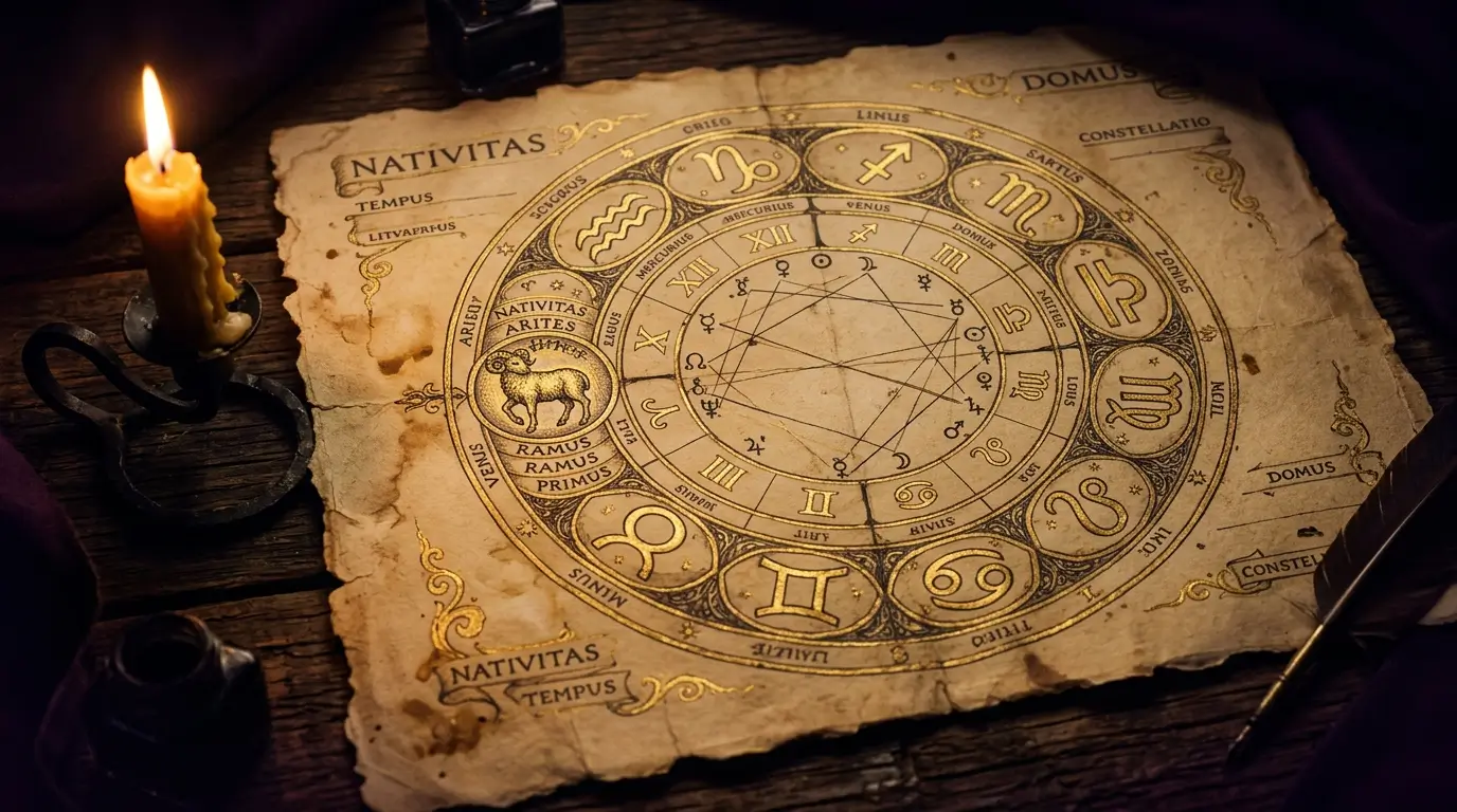 Antique astrological wheel with gold zodiac symbols including Aries, representing birth chart love readings