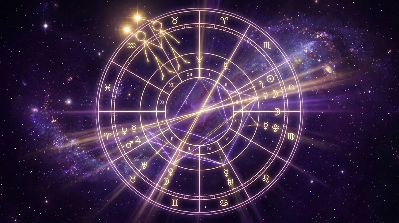 Gemini constellation and birth chart glowing with gold light representing love destiny and soulmate reading