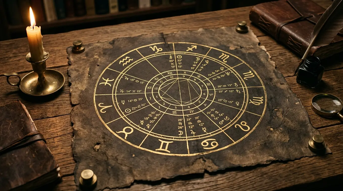 Antique astrological birth chart wheel in gold on dark parchment for love reading