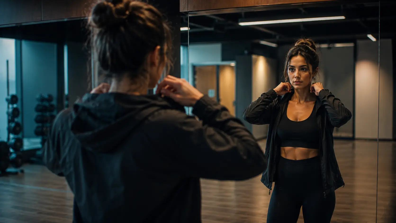 astrology divine connection — woman pausing mid-gesture in front of a gym mirror, meeting her own eyes in the reflection