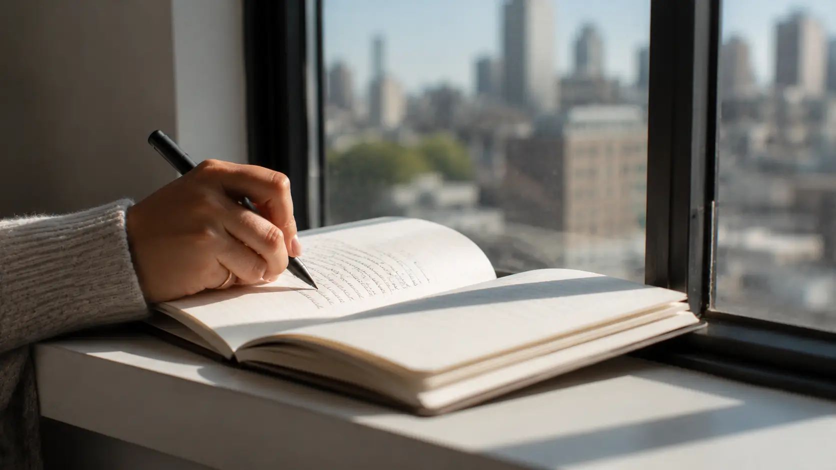 astrology long-term compatibility — close-up of a woman's hand writing in an open journal on a windowsill, city view blurred softly in the background, early daylight