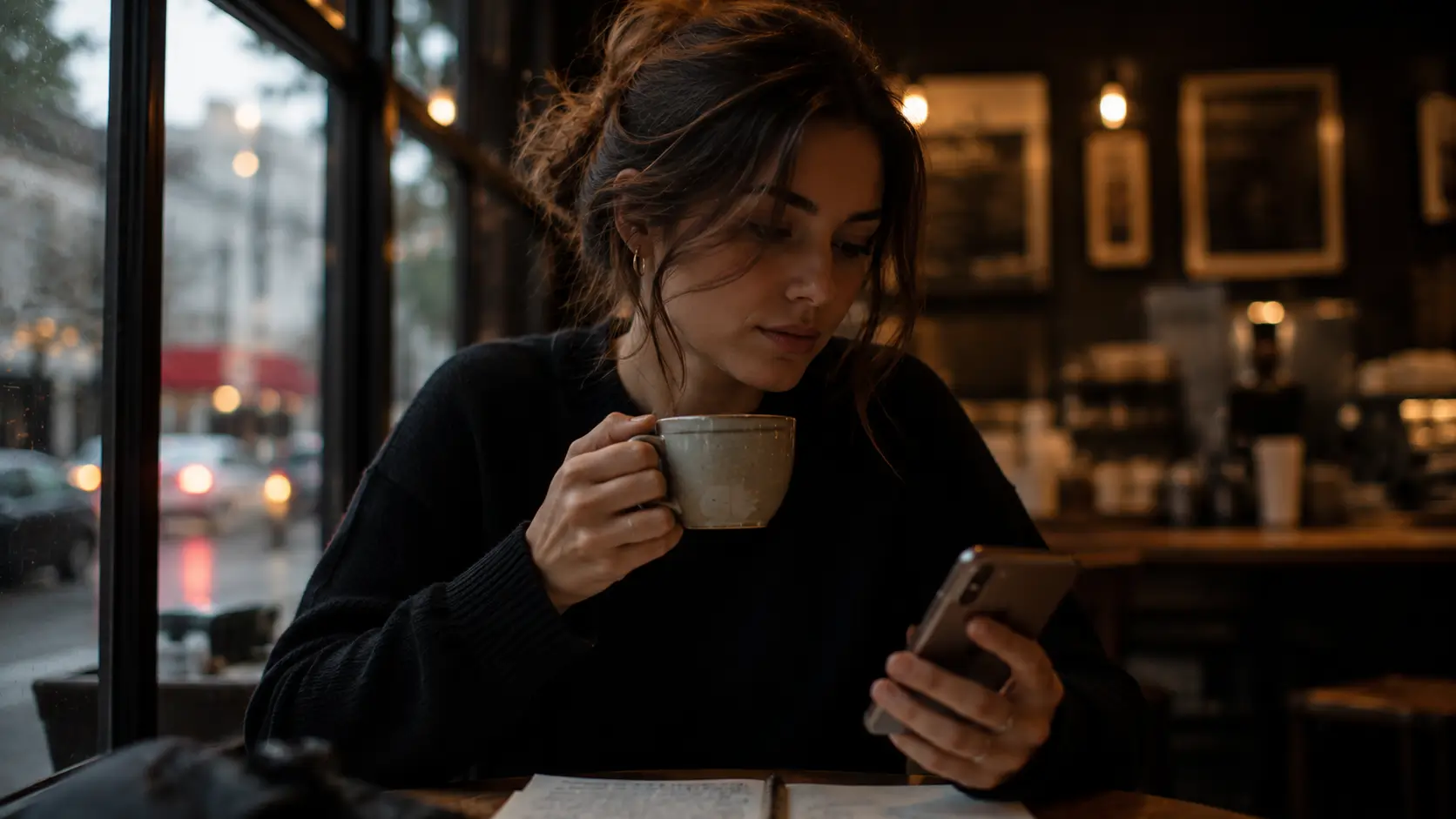 Astrology perfect match chart — woman sitting in café looking at her phone with a thoughtful expression, coffee cup in hand