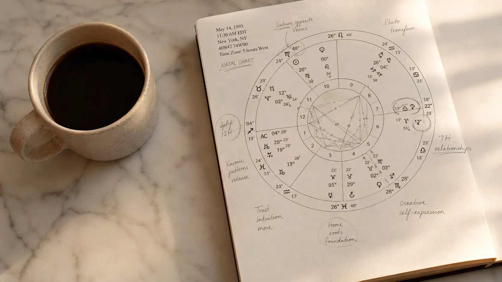 Astrology soulmate revelation — open birth chart with handwritten planetary annotations on a marble desk in morning light